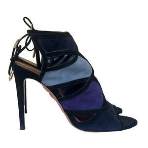 Aquazzura Vika Sandal High Heel Stiletto Suede Ankle Tie Cut Out Blue Black 39.5